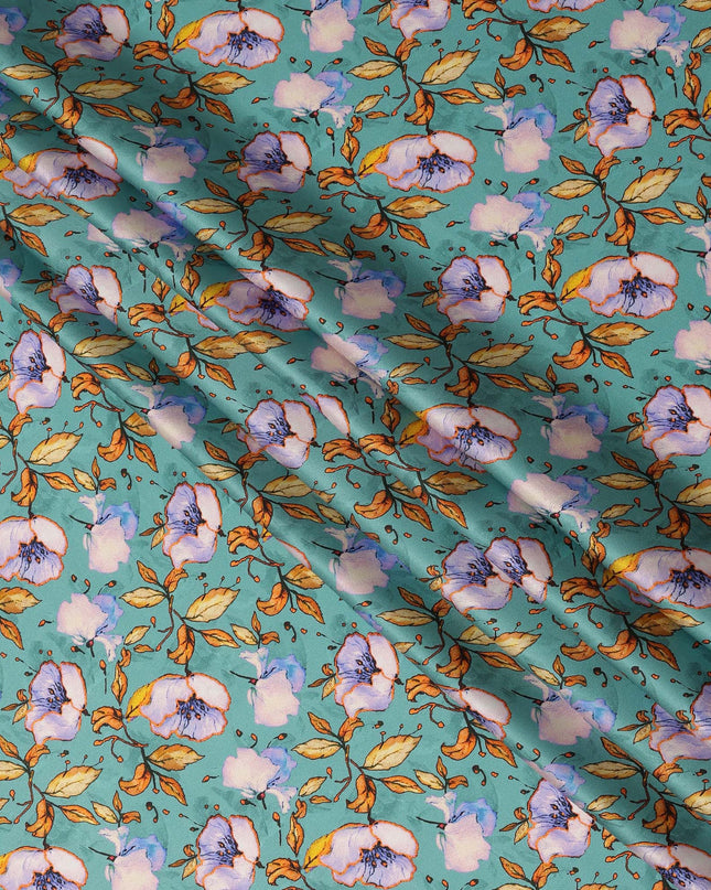 Teal Green Elegant Floral Allover Printed Premium Pure Silk Satin Fabric, 110 Cms, India-D27088