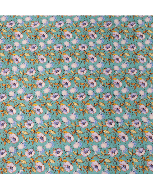 Teal Green Elegant Floral Allover Printed Premium Pure Silk Satin Fabric, 110 Cms, India-D27088