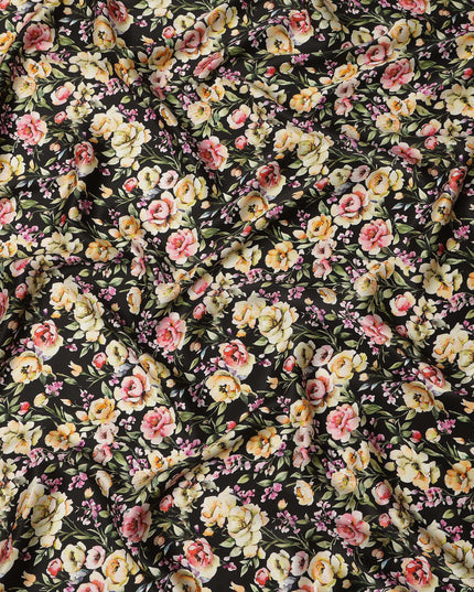 Black Multicolor Floral Allover Printed Premium Pure Silk Satin Fabric, 110 Cms, India-D27081