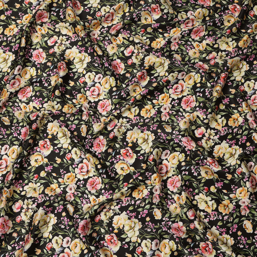 Black Multicolor Floral Allover Printed Premium Pure Silk Satin Fabric, 110 Cms, India-D27081