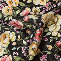 Black Multicolor Floral Allover Printed Premium Pure Silk Satin Fabric, 110 Cms, India-D27081