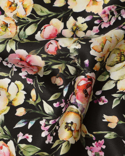 Black Multicolor Floral Allover Printed Premium Pure Silk Satin Fabric, 110 Cms, India-D27081