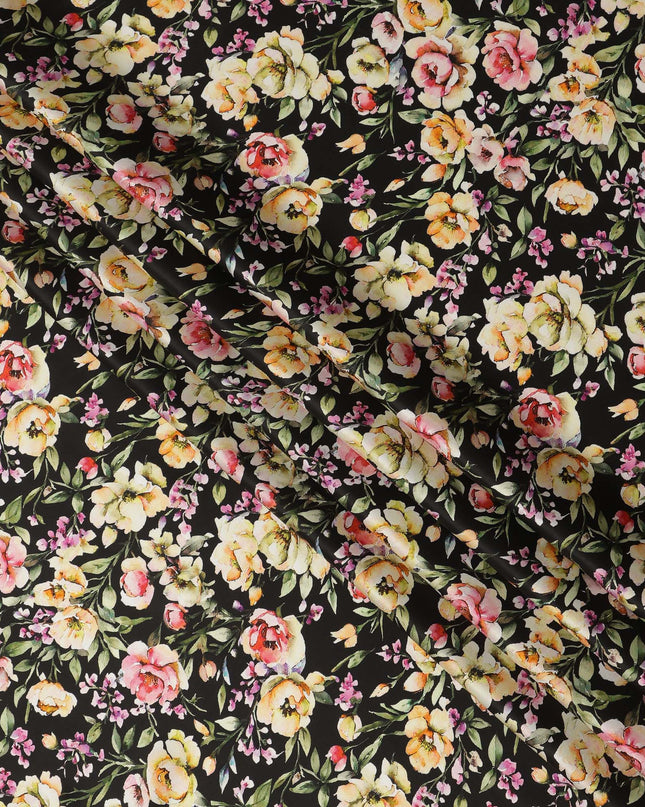 Black Multicolor Floral Allover Printed Premium Pure Silk Satin Fabric, 110 Cms, India-D27081