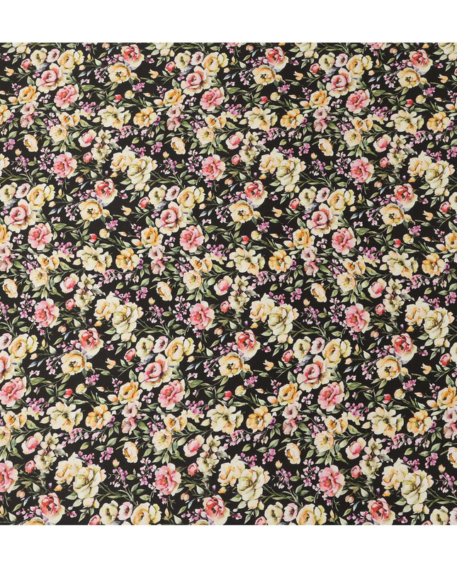 Black Multicolor Floral Allover Printed Premium Pure Silk Satin Fabric, 110 Cms, India-D27081