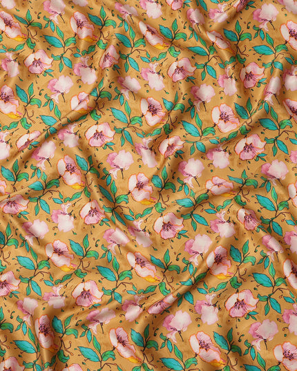 Mustard Yellow Floral Allover Printed Premium Pure Silk Satin Fabric, 110 Cms, India-D27082