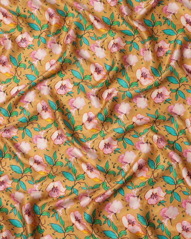 Mustard Yellow Floral Allover Printed Premium Pure Silk Satin Fabric, 110 Cms, India-D27082