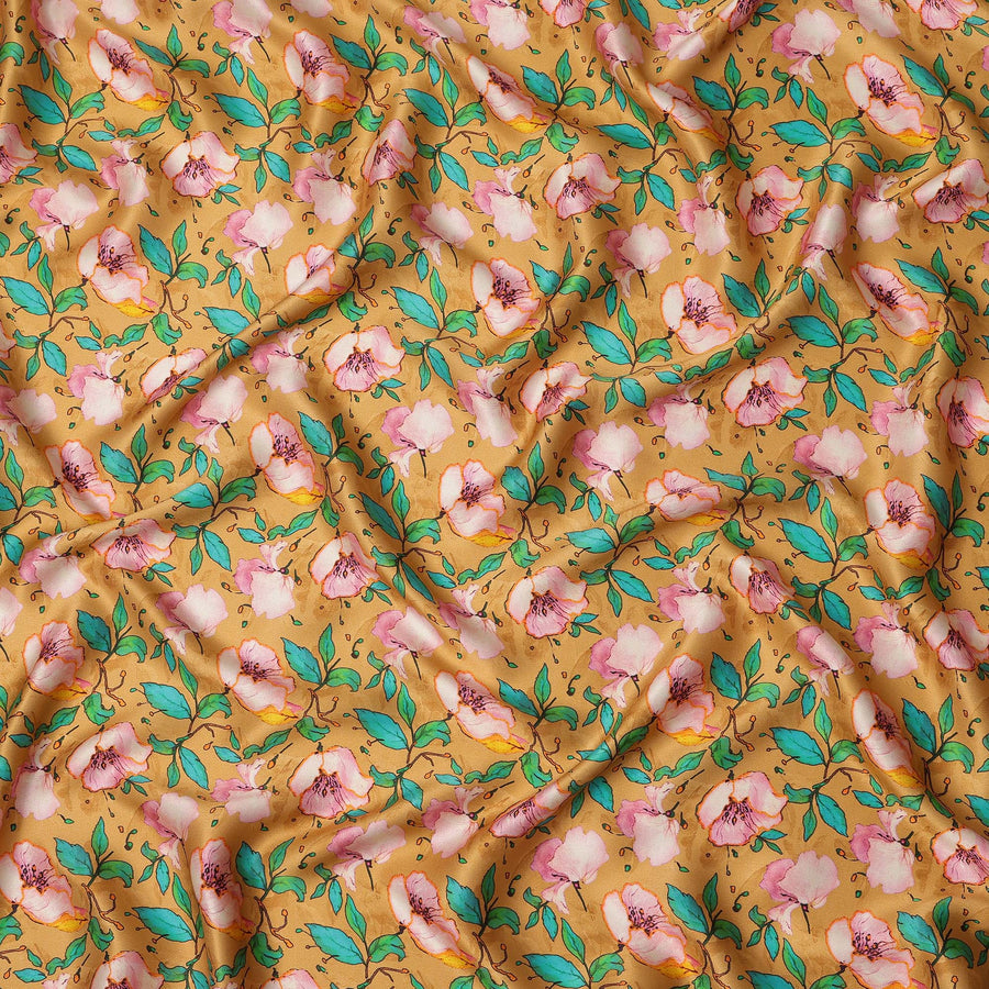 Mustard Yellow Floral Allover Printed Premium Pure Silk Satin Fabric, 110 Cms, India-D27082