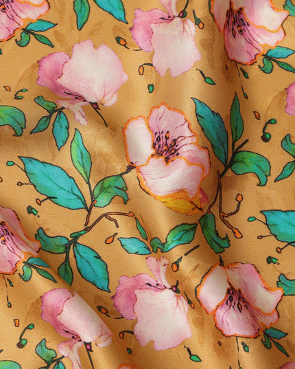 Mustard Yellow Floral Allover Printed Premium Pure Silk Satin Fabric, 110 Cms, India-D27082