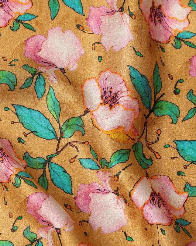 Mustard Yellow Floral Allover Printed Premium Pure Silk Satin Fabric, 110 Cms, India-D27082