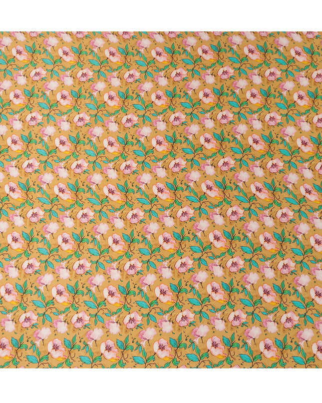 Mustard Yellow Floral Allover Printed Premium Pure Silk Satin Fabric, 110 Cms, India-D27082
