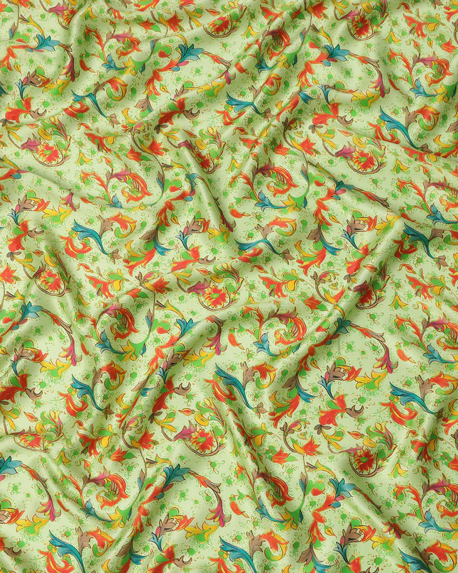 Pistachio Green Multicolor Paisley Floral Printed Premium Pure Silk Satin Fabric, 110 Cms, India-D27077