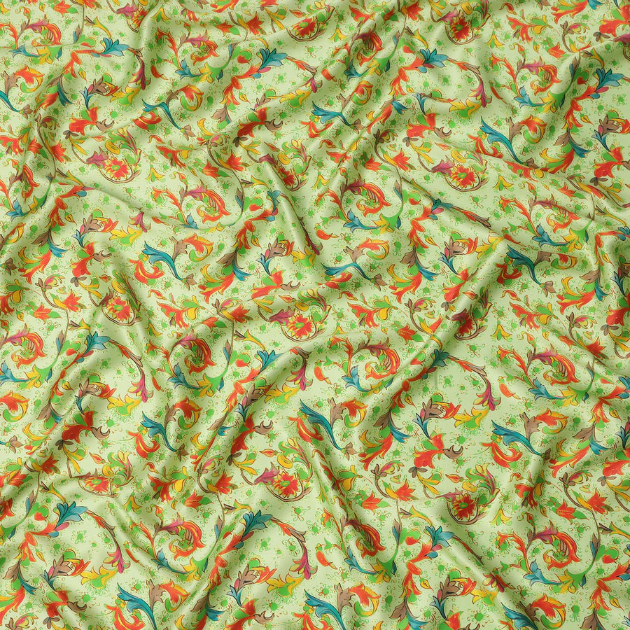 Pistachio Green Multicolor Paisley Floral Printed Premium Pure Silk Satin Fabric, 110 Cms, India-D27077