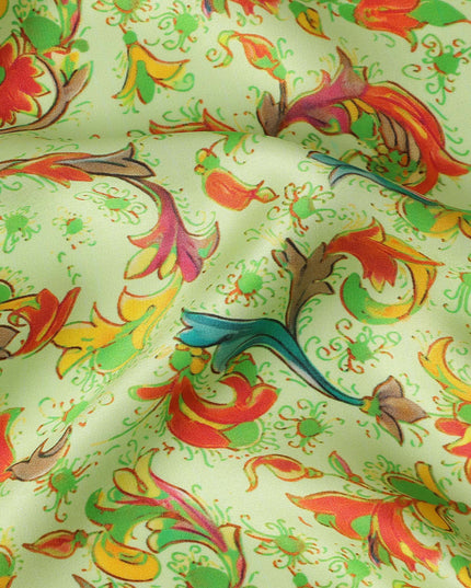 Pistachio Green Multicolor Paisley Floral Printed Premium Pure Silk Satin Fabric, 110 Cms, India-D27077