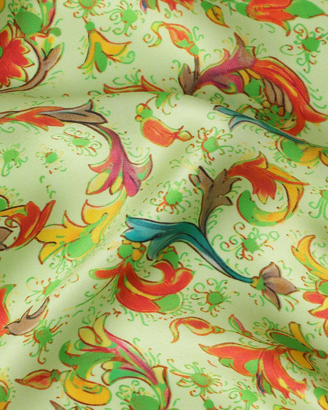Pistachio Green Multicolor Paisley Floral Printed Premium Pure Silk Satin Fabric, 110 Cms, India-D27077