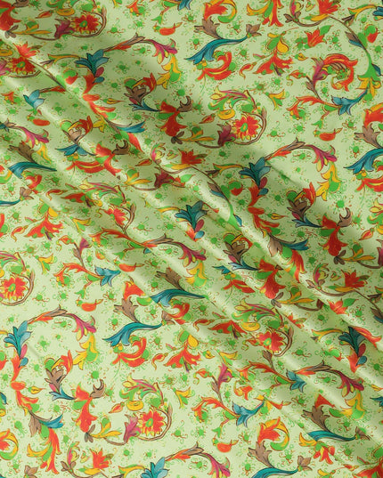 Pistachio Green Multicolor Paisley Floral Printed Premium Pure Silk Satin Fabric, 110 Cms, India-D27077