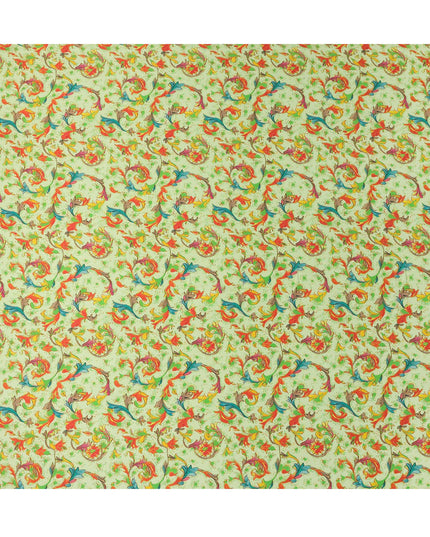Pistachio Green Multicolor Paisley Floral Printed Premium Pure Silk Satin Fabric, 110 Cms, India-D27077