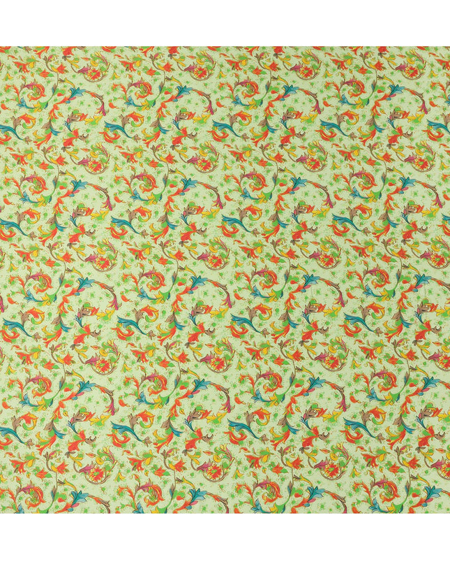Pistachio Green Multicolor Paisley Floral Printed Premium Pure Silk Satin Fabric, 110 Cms, India-D27077