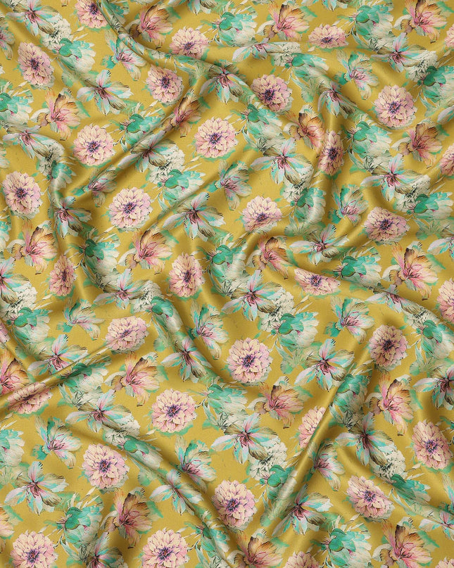 Mustard Yellow Soft Floral Allover Printed Premium Pure Silk Satin Fabric, 110 Cms, India-D27087