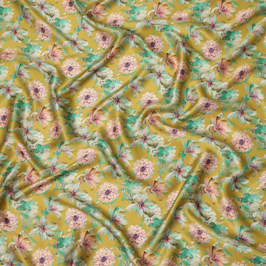 Mustard Yellow Soft Floral Allover Printed Premium Pure Silk Satin Fabric, 110 Cms, India-D27087