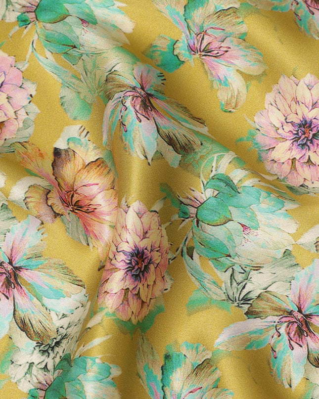 Mustard Yellow Soft Floral Allover Printed Premium Pure Silk Satin Fabric, 110 Cms, India-D27087