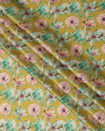 Mustard Yellow Soft Floral Allover Printed Premium Pure Silk Satin Fabric, 110 Cms, India-D27087