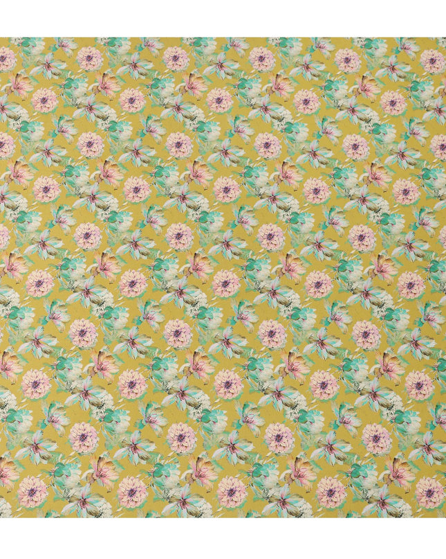 Mustard Yellow Soft Floral Allover Printed Premium Pure Silk Satin Fabric, 110 Cms, India-D27087