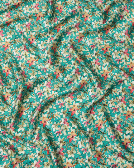 Teal Green Floral Allover Printed Premium Pure Silk Satin Fabric, 110 Cms, India-D27076