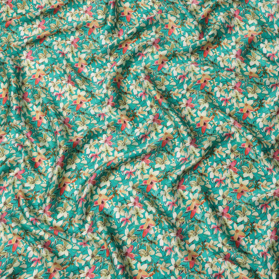 Teal Green Floral Allover Printed Premium Pure Silk Satin Fabric, 110 Cms, India-D27076