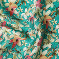 Teal Green Floral Allover Printed Premium Pure Silk Satin Fabric, 110 Cms, India-D27076