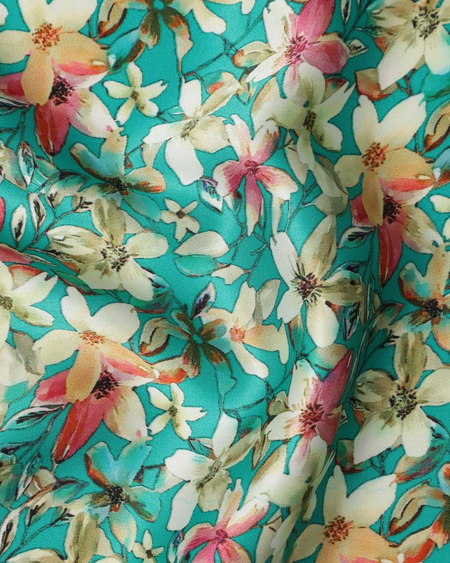 Teal Green Floral Allover Printed Premium Pure Silk Satin Fabric, 110 Cms, India-D27076