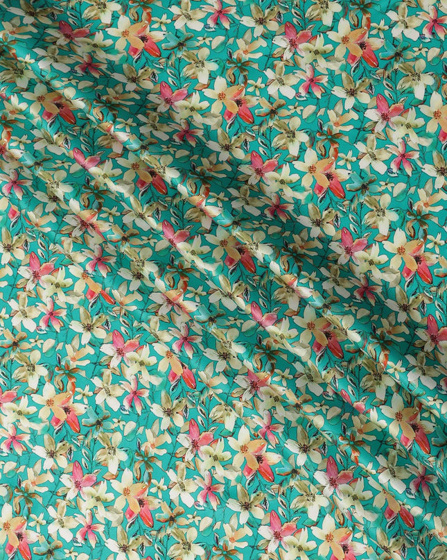 Teal Green Floral Allover Printed Premium Pure Silk Satin Fabric, 110 Cms, India-D27076