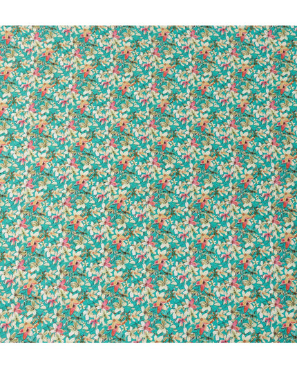 Teal Green Floral Allover Printed Premium Pure Silk Satin Fabric, 110 Cms, India-D27076