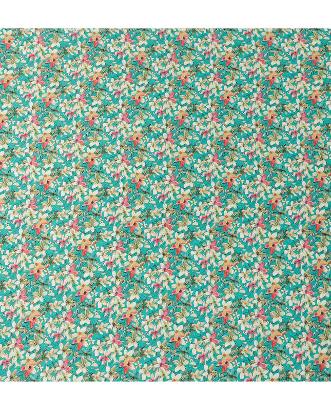Teal Green Floral Allover Printed Premium Pure Silk Satin Fabric, 110 Cms, India-D27076