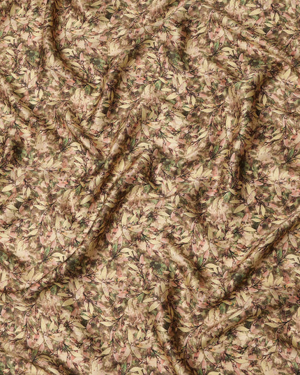Olive Brown Leafy Allover Printed Premium Pure Silk Satin Fabric, 110 Cms, India-D27083