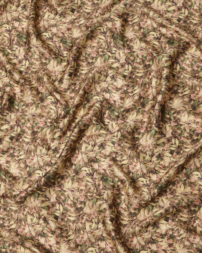 Olive Brown Leafy Allover Printed Premium Pure Silk Satin Fabric, 110 Cms, India-D27083