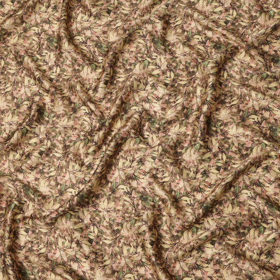 Olive Brown Leafy Allover Printed Premium Pure Silk Satin Fabric, 110 Cms, India-D27083