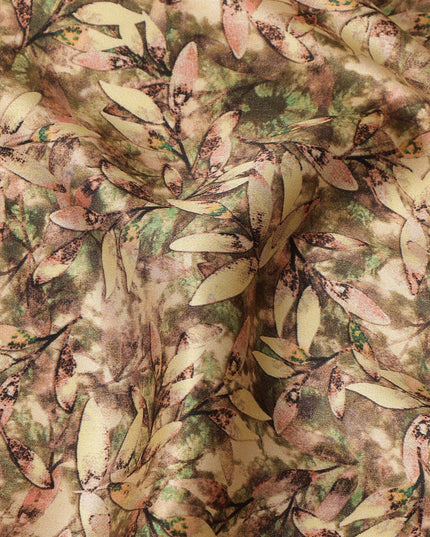 Olive Brown Leafy Allover Printed Premium Pure Silk Satin Fabric, 110 Cms, India-D27083