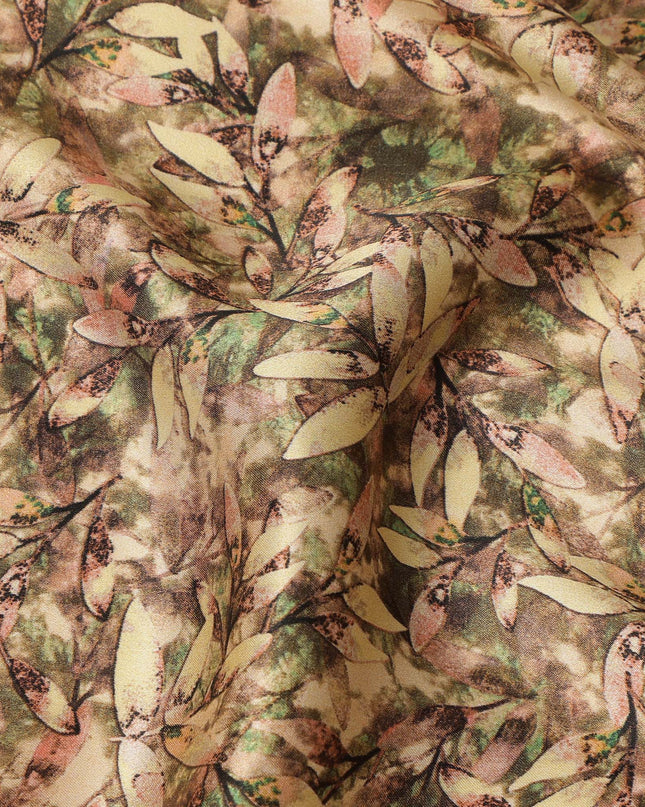 Olive Brown Leafy Allover Printed Premium Pure Silk Satin Fabric, 110 Cms, India-D27083
