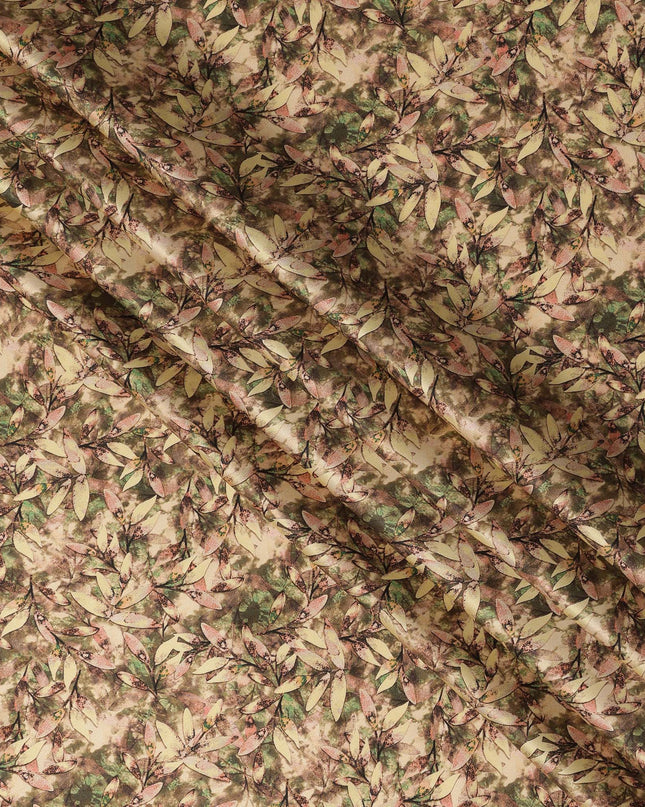 Olive Brown Leafy Allover Printed Premium Pure Silk Satin Fabric, 110 Cms, India-D27083