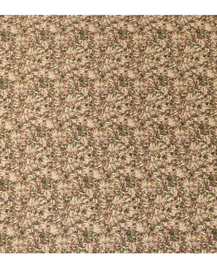 Olive Brown Leafy Allover Printed Premium Pure Silk Satin Fabric, 110 Cms, India-D27083