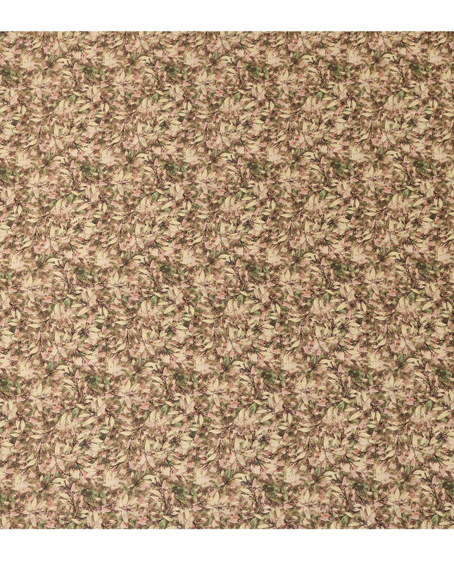 Olive Brown Leafy Allover Printed Premium Pure Silk Satin Fabric, 110 Cms, India-D27083