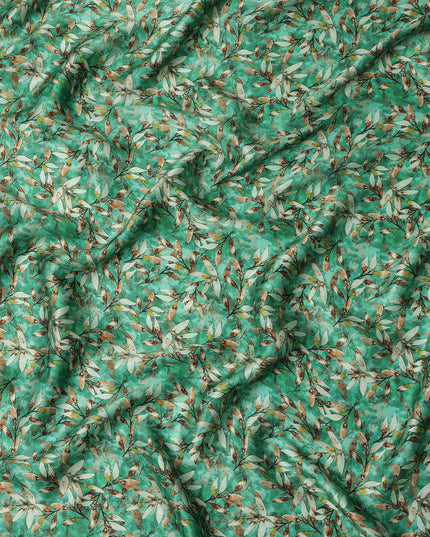 Emerald Green Leafy Allover Printed Premium Pure Silk Satin Fabric, 110 Cms, India-D27080