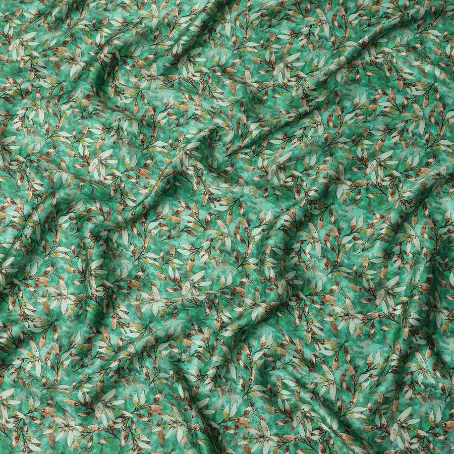 Emerald Green Leafy Allover Printed Premium Pure Silk Satin Fabric, 110 Cms, India-D27080
