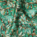 Emerald Green Leafy Allover Printed Premium Pure Silk Satin Fabric, 110 Cms, India-D27080