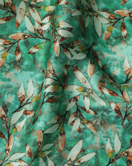 Emerald Green Leafy Allover Printed Premium Pure Silk Satin Fabric, 110 Cms, India-D27080