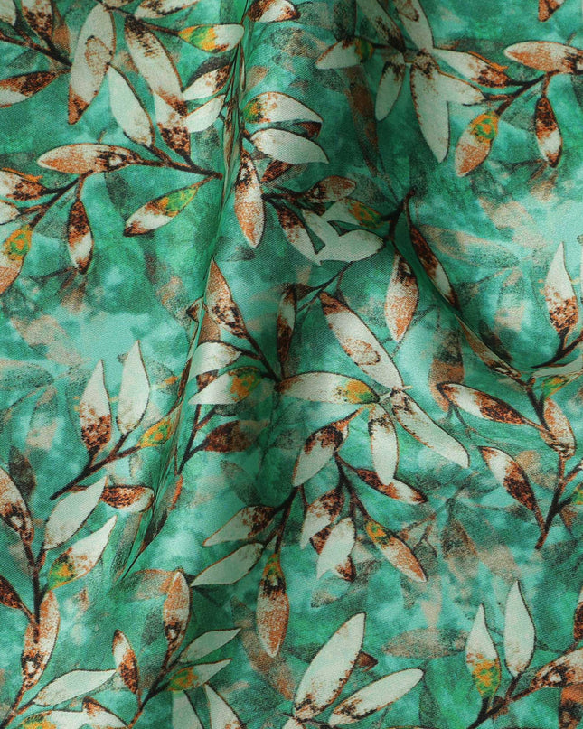 Emerald Green Leafy Allover Printed Premium Pure Silk Satin Fabric, 110 Cms, India-D27080