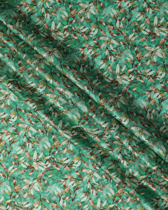 Emerald Green Leafy Allover Printed Premium Pure Silk Satin Fabric, 110 Cms, India-D27080