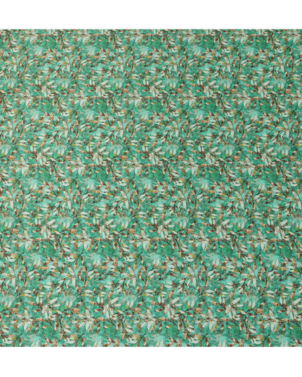 Emerald Green Leafy Allover Printed Premium Pure Silk Satin Fabric, 110 Cms, India-D27080