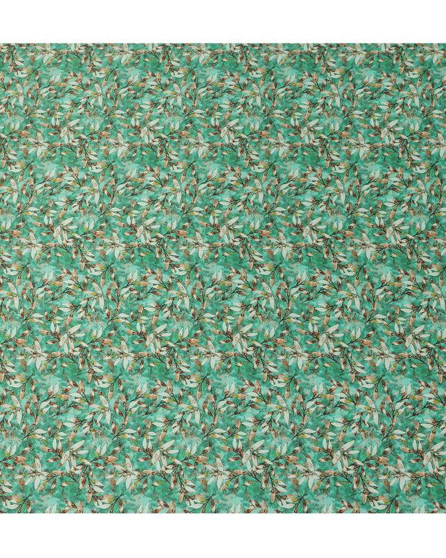 Emerald Green Leafy Allover Printed Premium Pure Silk Satin Fabric, 110 Cms, India-D27080