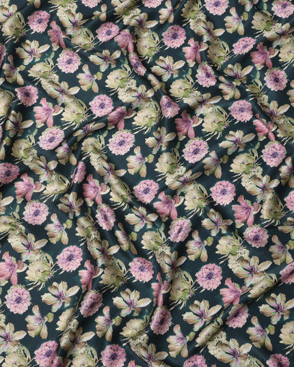 Deep Teal Green Floral Allover Printed Premium Pure Silk Satin Fabric, 110 Cms, India-D27084